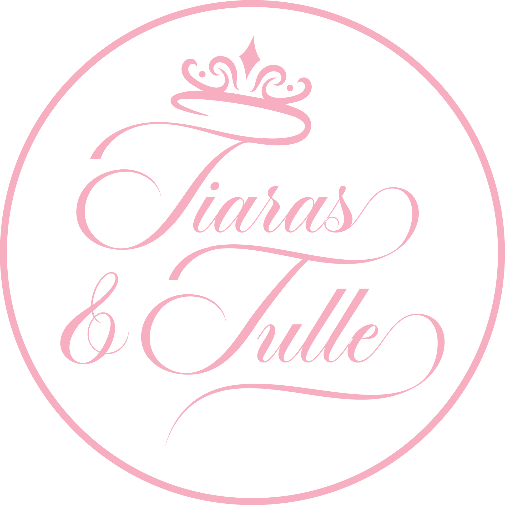 A pink circle with the words `` tiaras & tulle '' written on it.