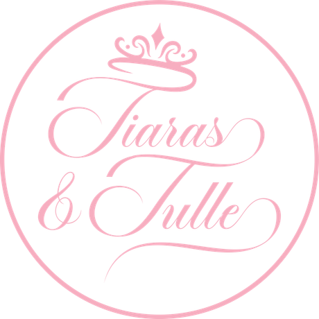 A logo for tiaras & tulle with a crown on a pink background.