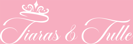 A logo for tiaras & tulle with a crown on a pink background.