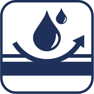 Waterproof and breathable fabric symbol: water droplet over a curved line and an upward arrow.