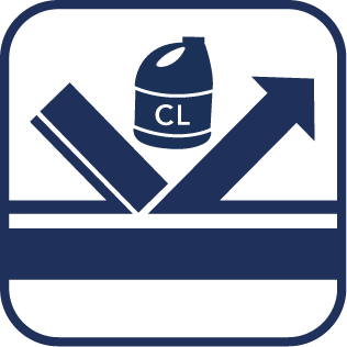Blue icon: Reflective surface with chemical container (CL) and upward arrow.