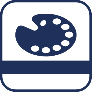 Blue painter's palette on white background, with a blue bar below, within rounded blue square.