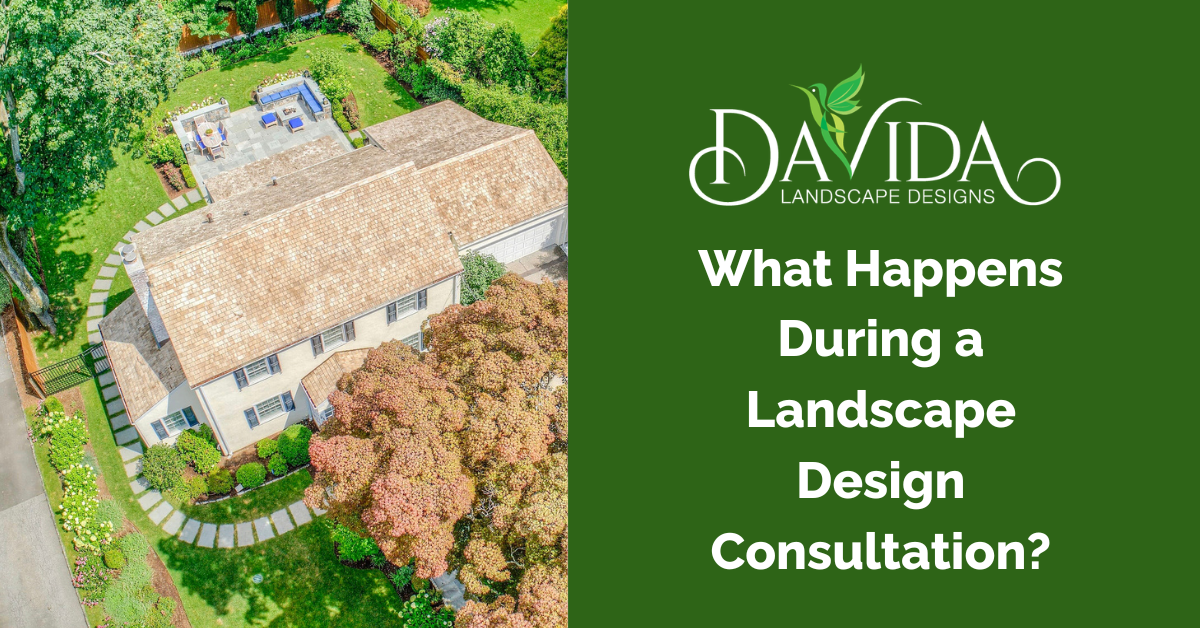 Aerial view of a house with landscaping, green text: 