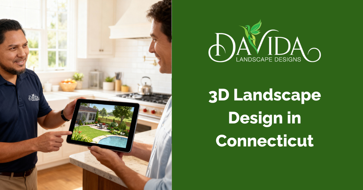 Man showing 3D landscape design on a tablet to another man in a kitchen, Davida Landscape Designs