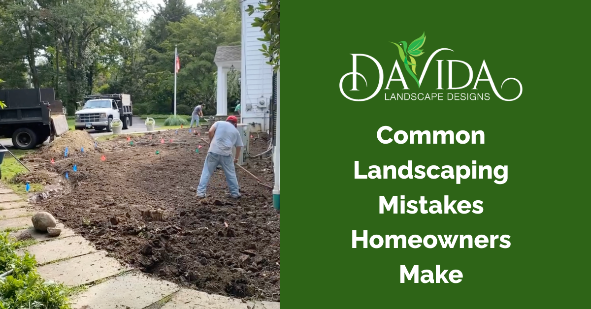 Landscapers working on a yard with dirt and equipment. Text: Common Landscaping Mistakes Homeowners Make.