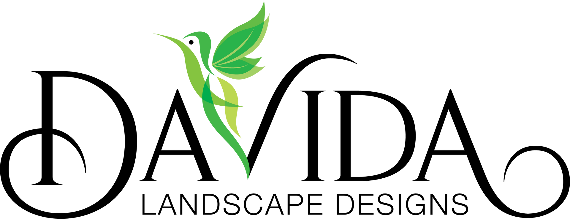 Logo for Davida Landscape Designs featuring a hummingbird and text.