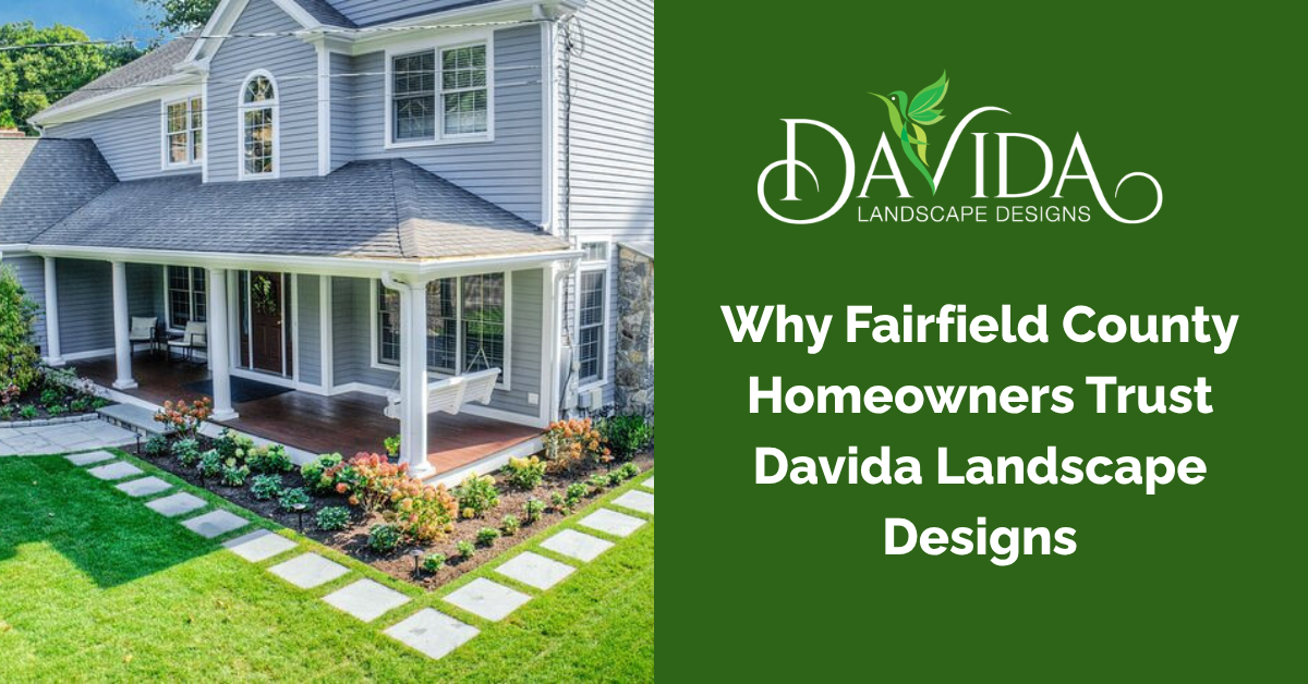Split image of a white house with landscaped lawn and green Davida Landscape ad reading “Why Fairfield County Homeowners Trust Davida Landscape Designs”