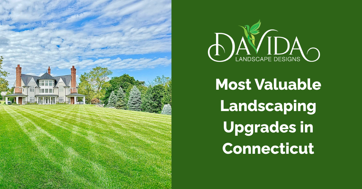 A large house with a manicured green lawn, beside text titled 