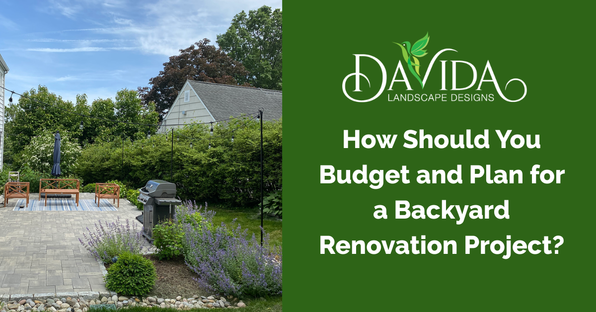 A backyard patio with outdoor furniture next to a green panel with the title 