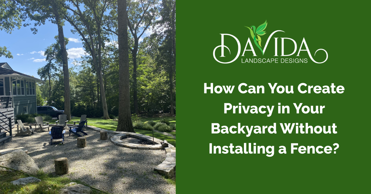 A gravel backyard with a stone fire pit area, alongside text about creating privacy without installing a fence.