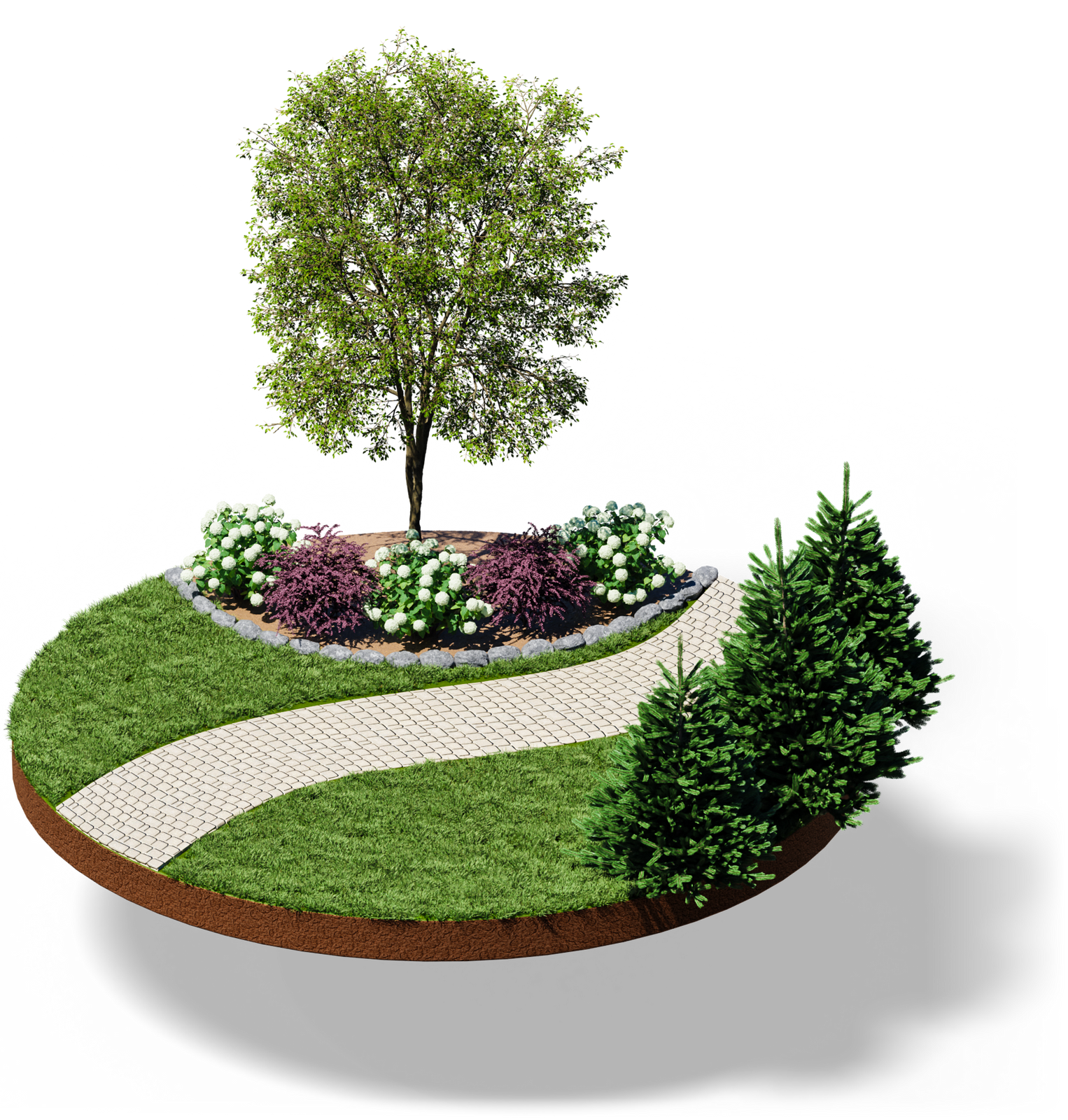 A small, circular island with grass, a pebble path, tree, bushes, and flowers.