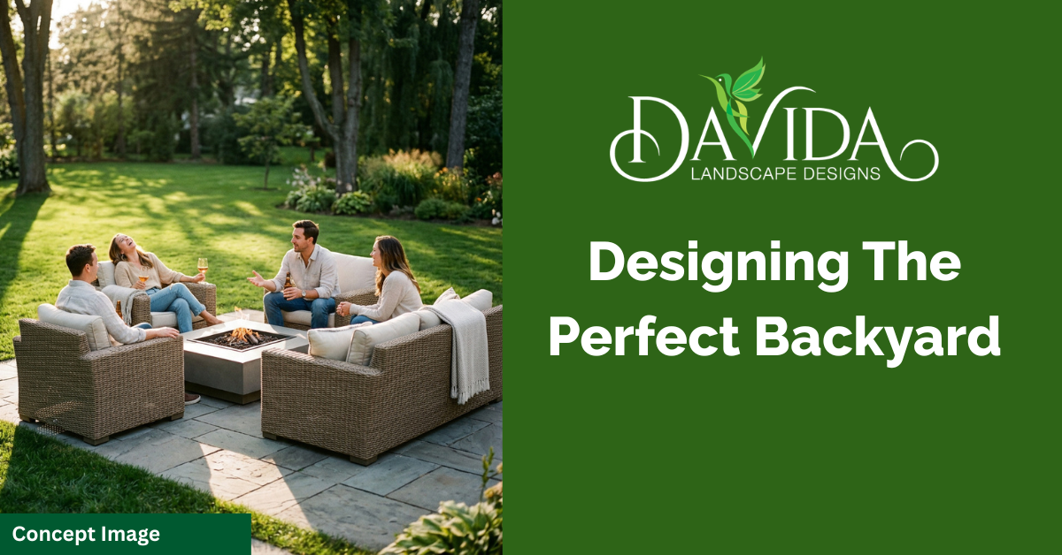 Four people relax on outdoor furniture around a stone fire pit in a lush, green backyard. Logo reads Davida Landscape Design.