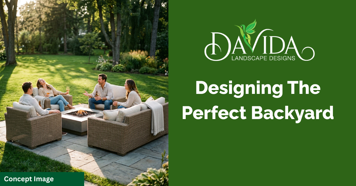 Four people relax on outdoor furniture around a stone fire pit in a lush, green backyard. Logo reads Davida Landscape Design.