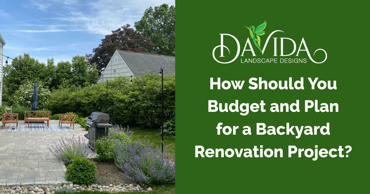 A backyard patio with outdoor furniture next to a green panel with the title 