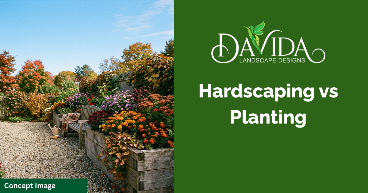 A garden path with autumnal flowers and a raised wooden planter next to text: 