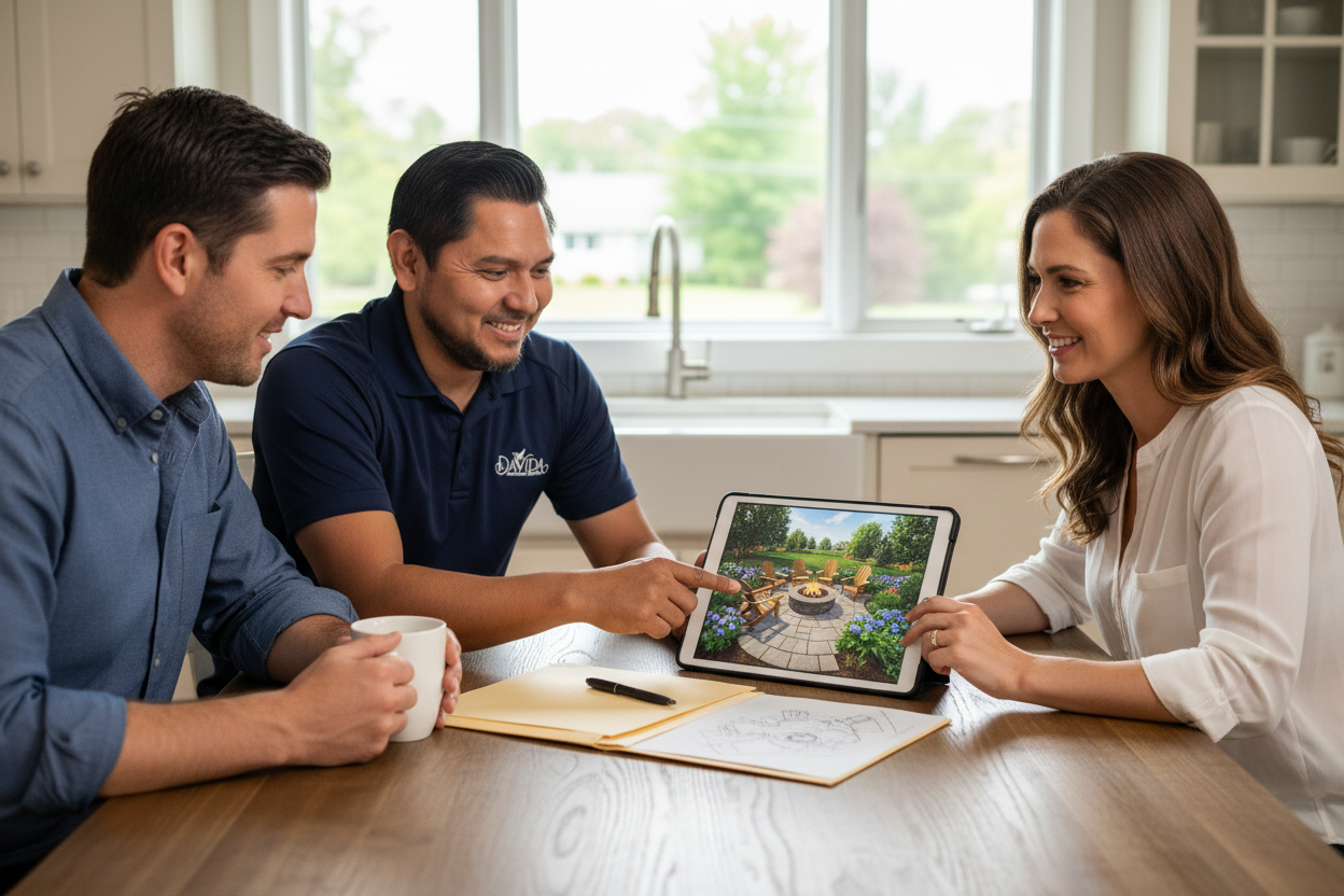Two people and a professional reviewing design on tablet at a table in a kitchen.