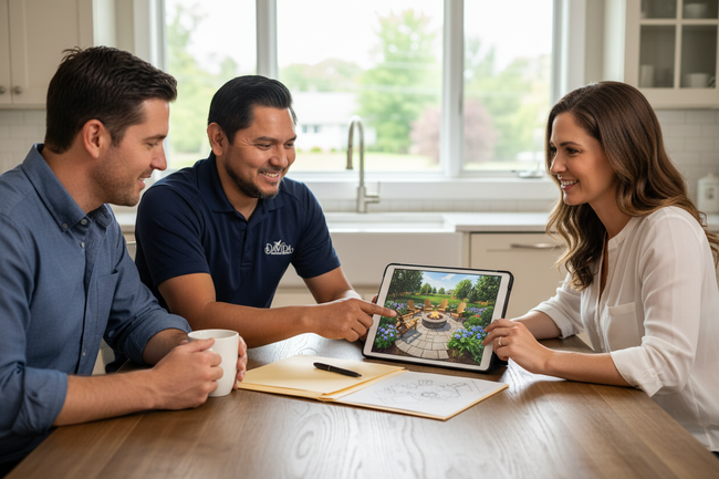 Two people and a professional reviewing design on tablet at a table in a kitchen.