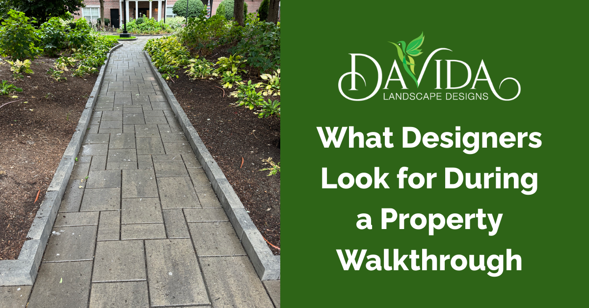 Paver walkway bordered by plants, with text 