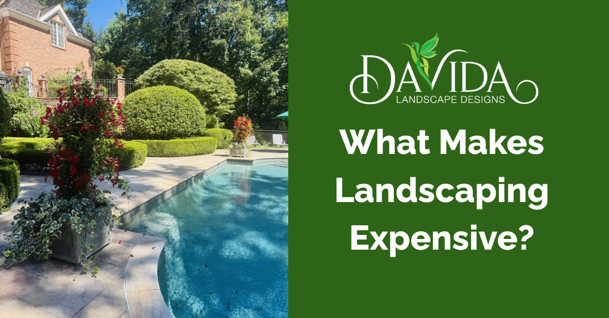 Poolside landscaping with text: 