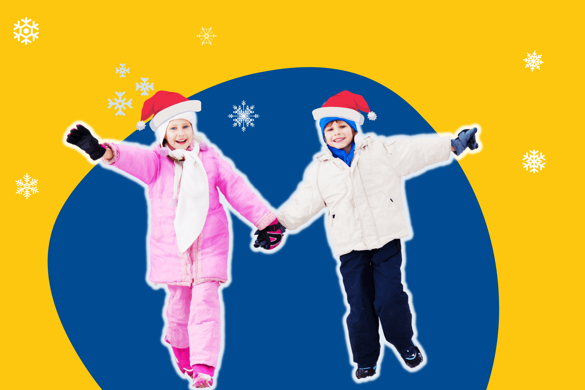 A boy and a girl wearing Santa hats are holding hands outside