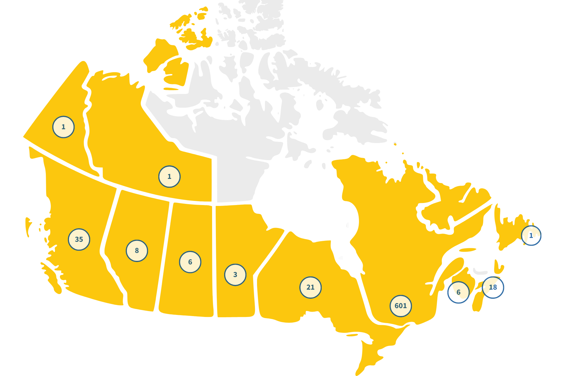 A map of canada showing the provinces and cities.