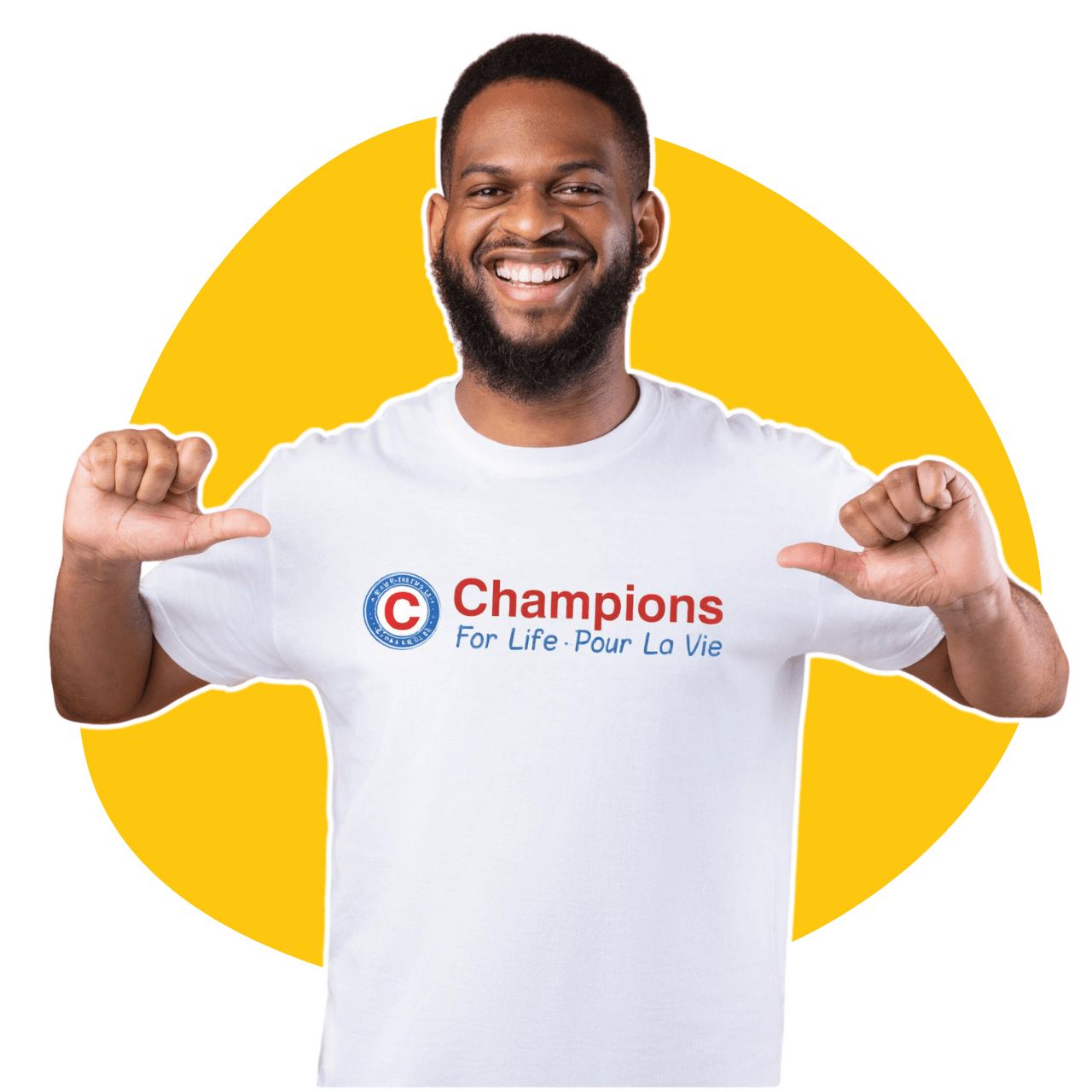 A volunteer wearing a white t-shirt that says Champions for Life
