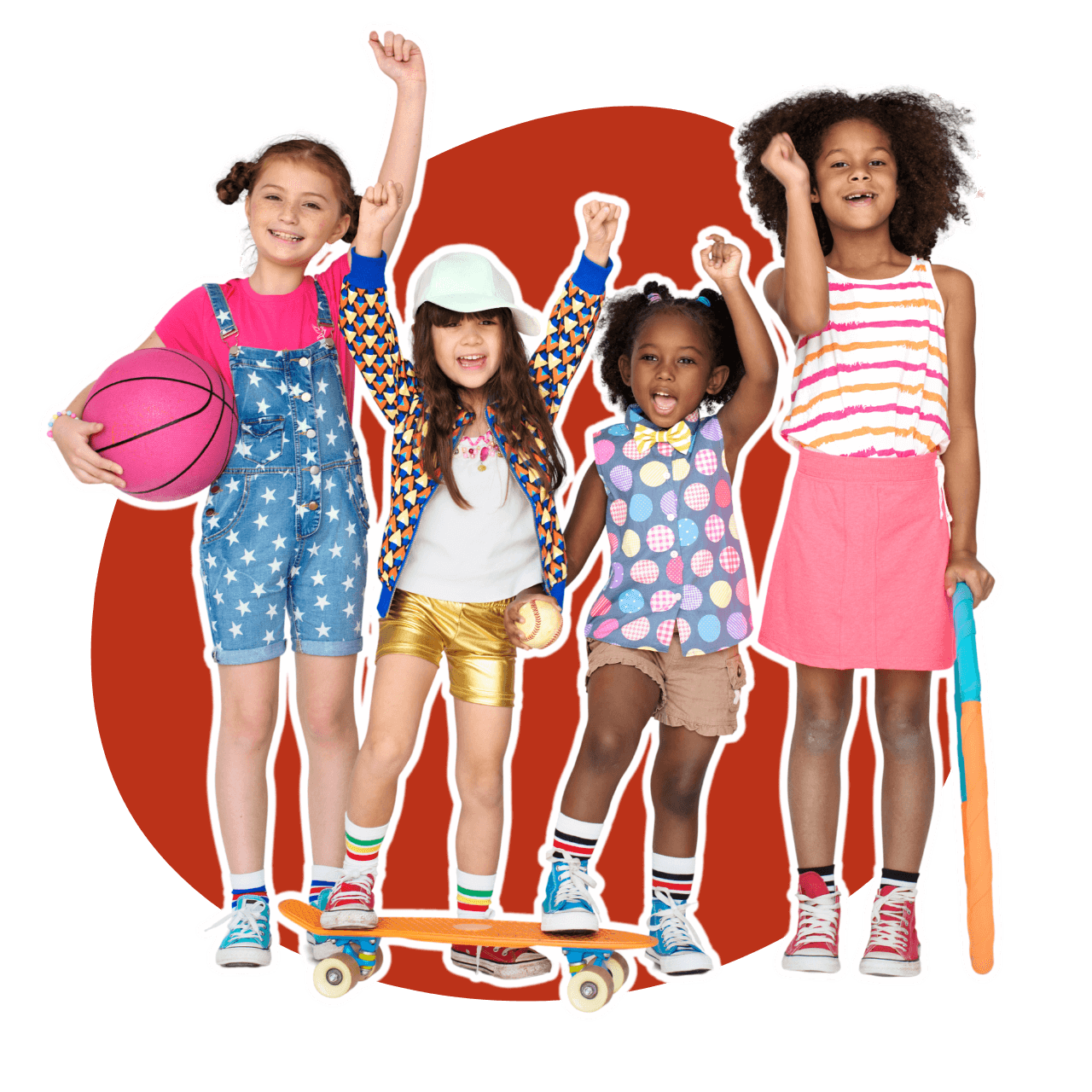 A group of young girls standing next to each other with their arms in the air