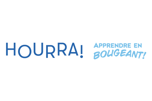 A blue logo that says hourra apprendre en bougeant
