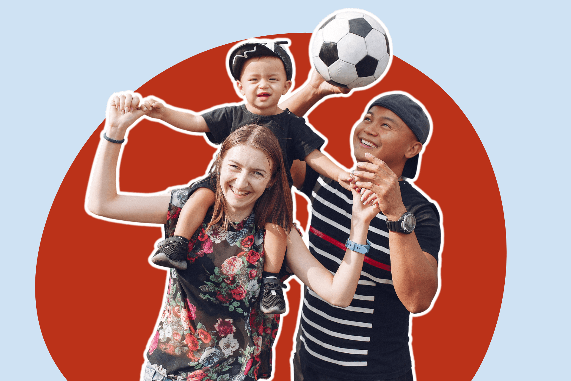 A family is participating in their own Mini Olympics with a soccer ball.