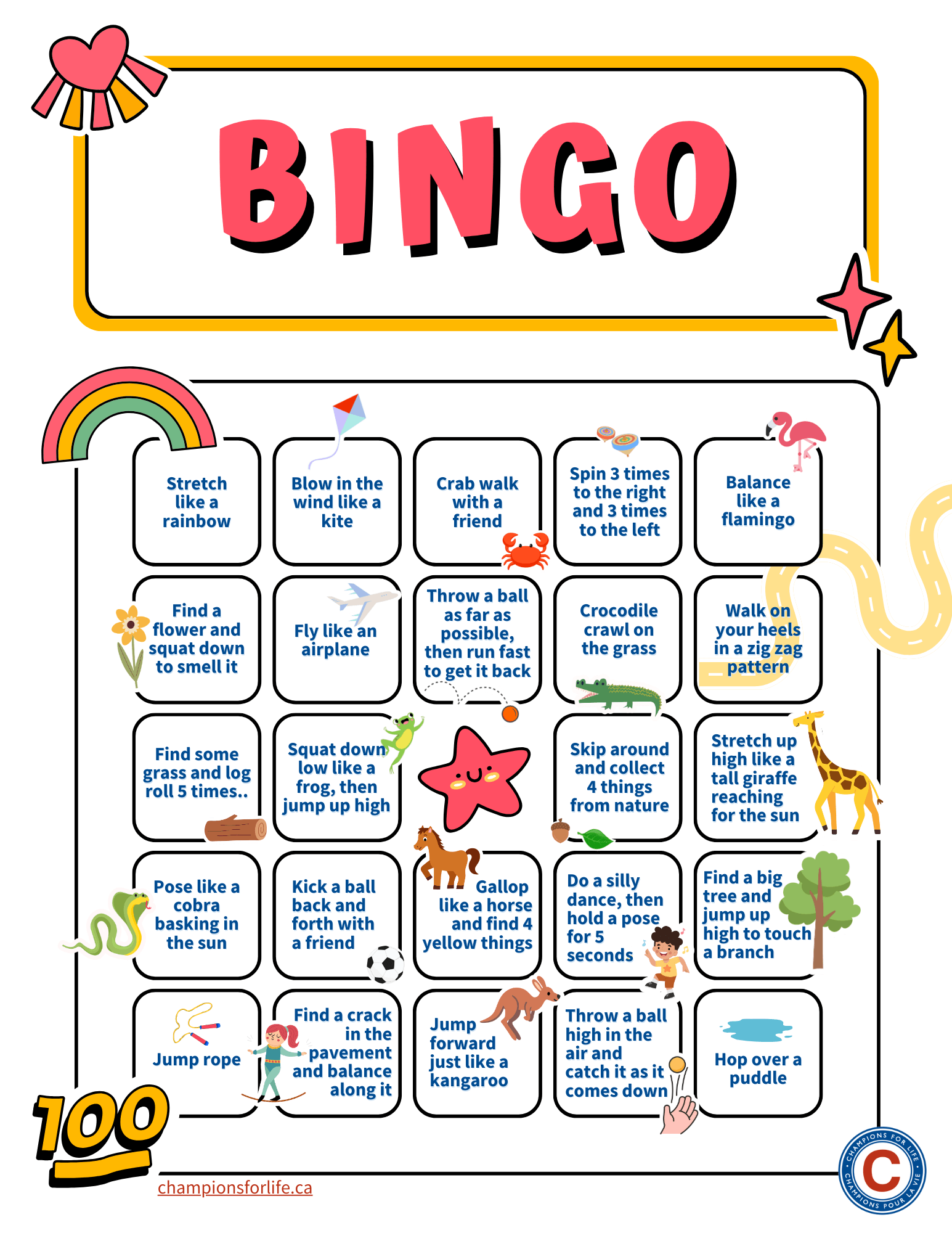 Physical Activity Bingo Card for Elementary Students