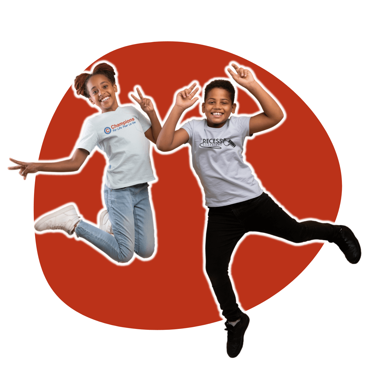 A boy and a girl are jumping in the air