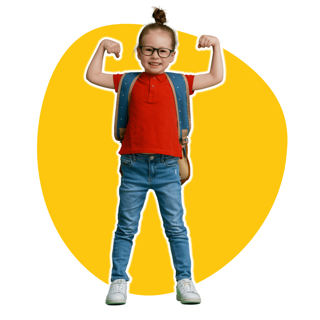 A little girl with glasses and a backpack is flexing her physical literacy muscles.