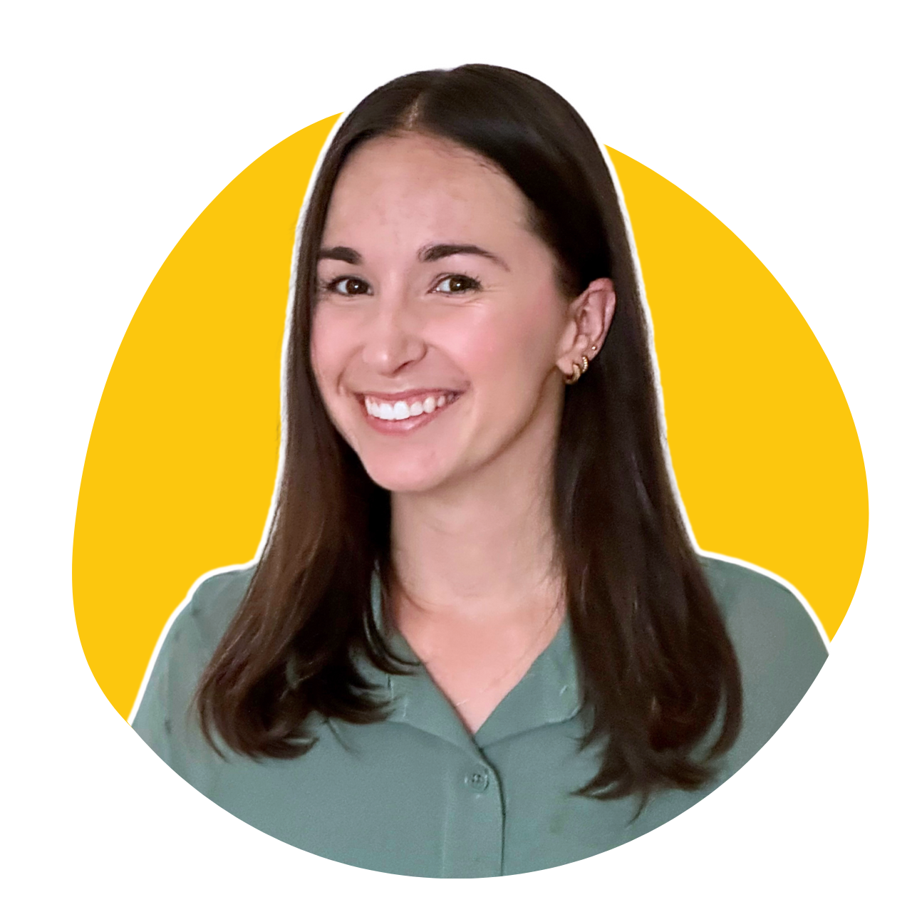 A woman with long hair is smiling in a yellow circle
