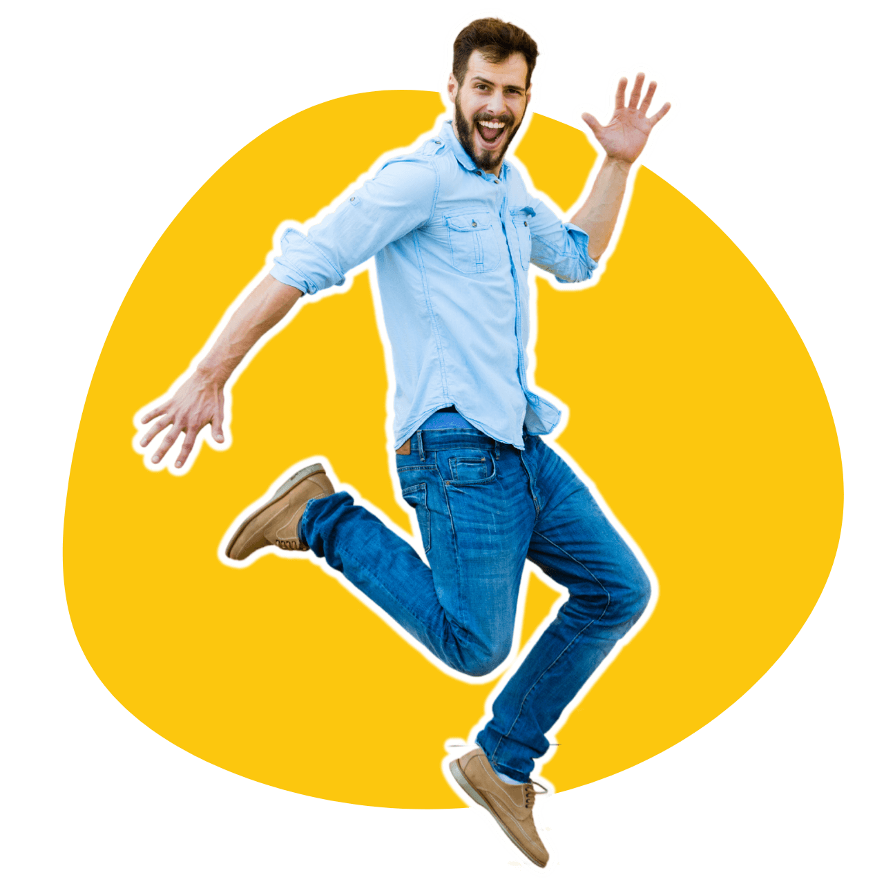 A man in a blue shirt and jeans is jumping in the air.