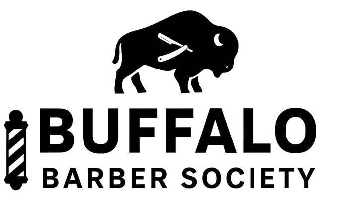 Black and white logo: buffalo with straight razor, barber pole, and 