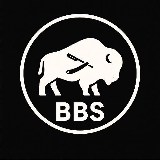 White bison silhouette with a barber's razor, encircled by white, 