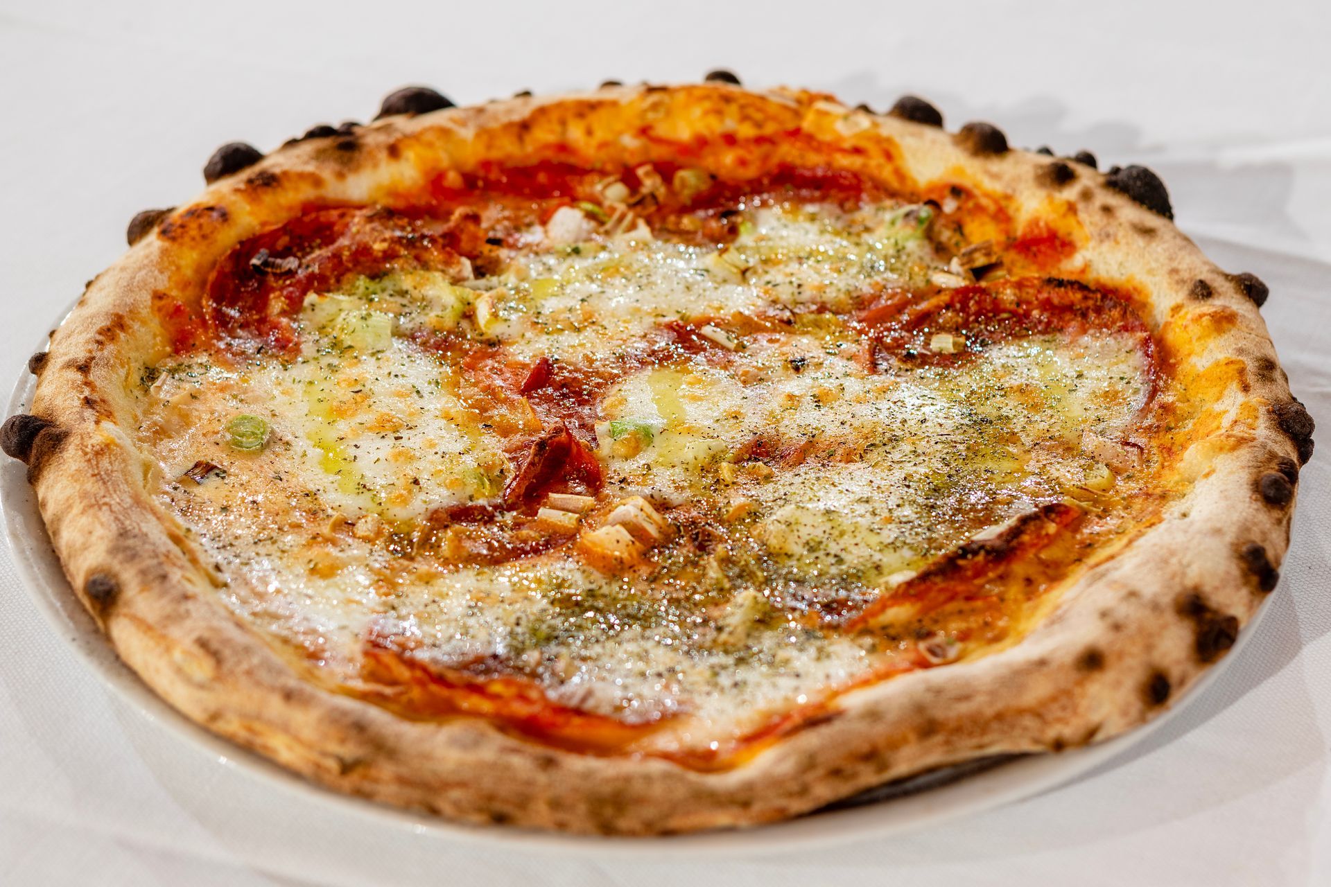 Pizza con crosta bruciacchiata, formaggio e condimenti su un piatto bianco.