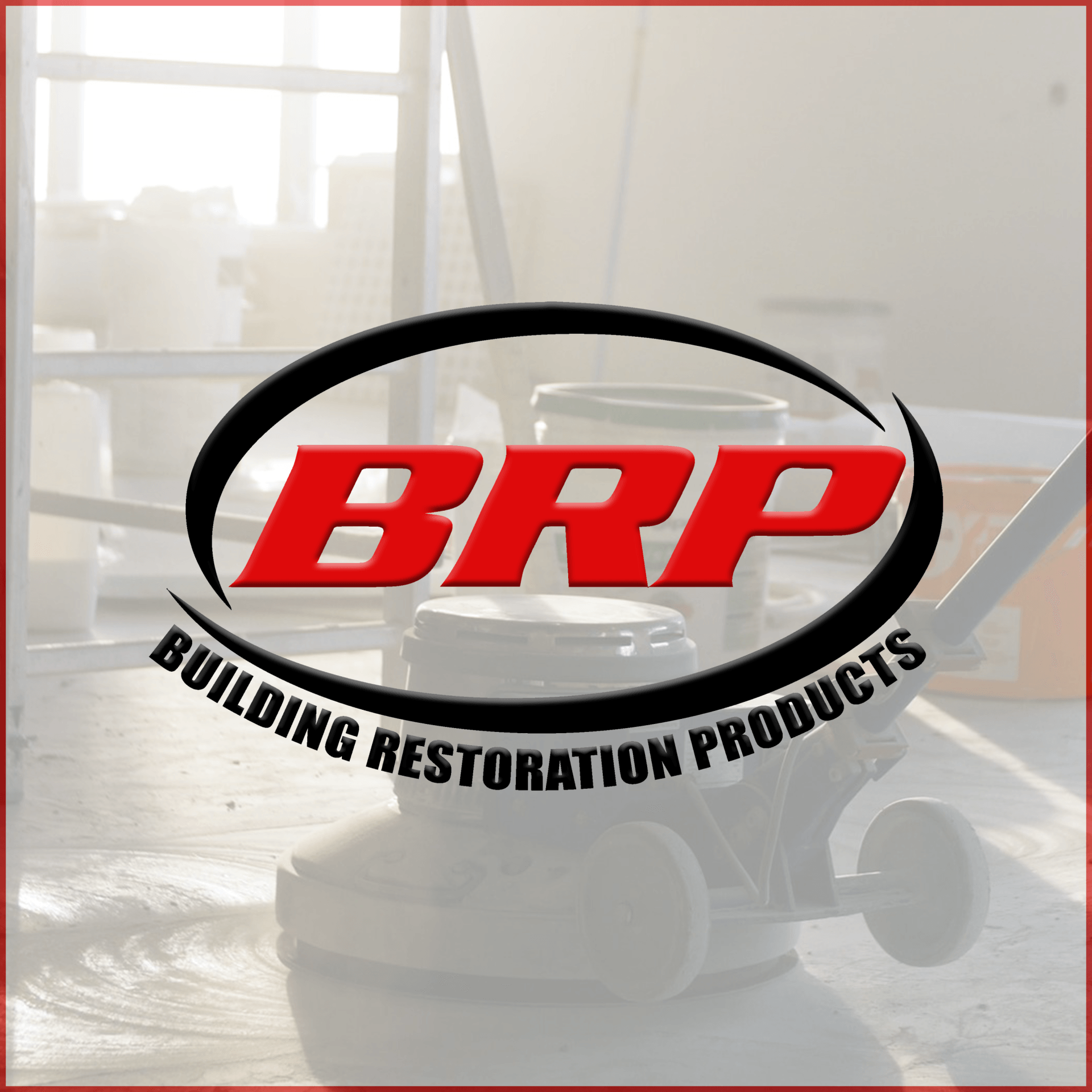 A logo for brp building restoration products with a vacuum cleaner in the background