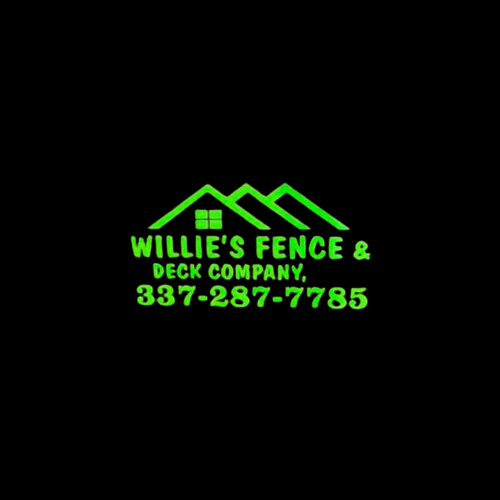 Green logo of Willie's Fence & Deck Company; a house silhouette with text and phone number against a black background.