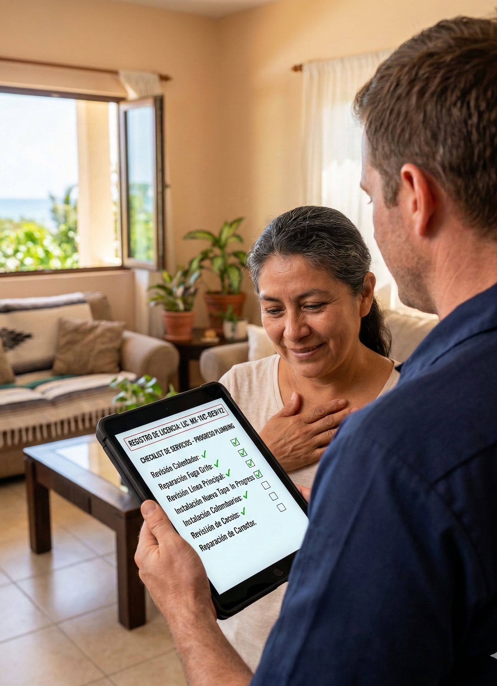 Man shows tablet to woman; living room setting. Both looking at the screen, with a list visible.