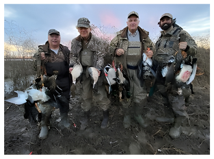 Four hunters posing outdoors with several ducks at dusk, wearing camouflage gear