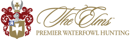 Logo for “The Elms” with ornate crest and the tagline “Premier Waterfowl Hunting”