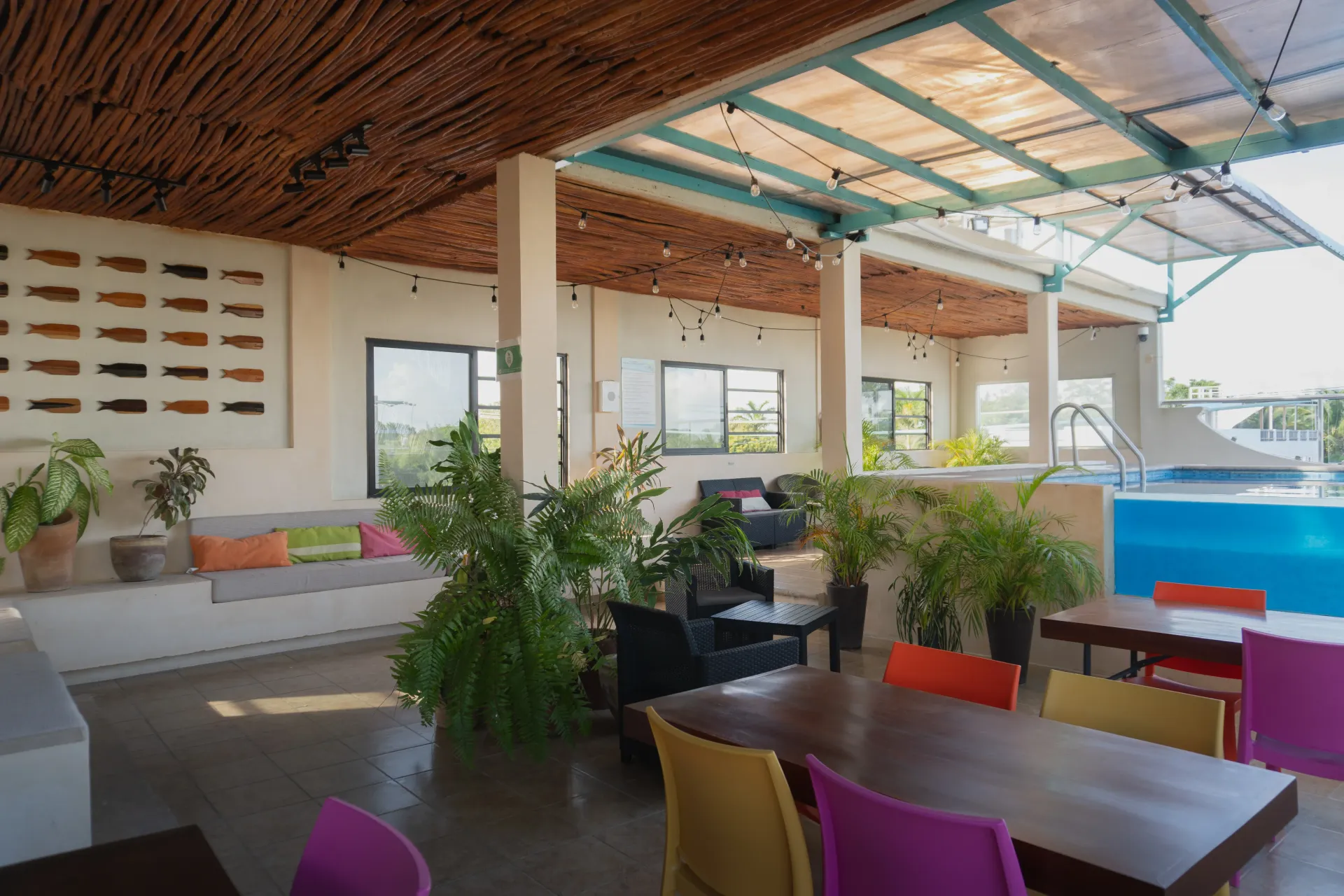 Zona de comedor exterior colorida con mesas, sillas, plantas en macetas y vistas a la piscina.