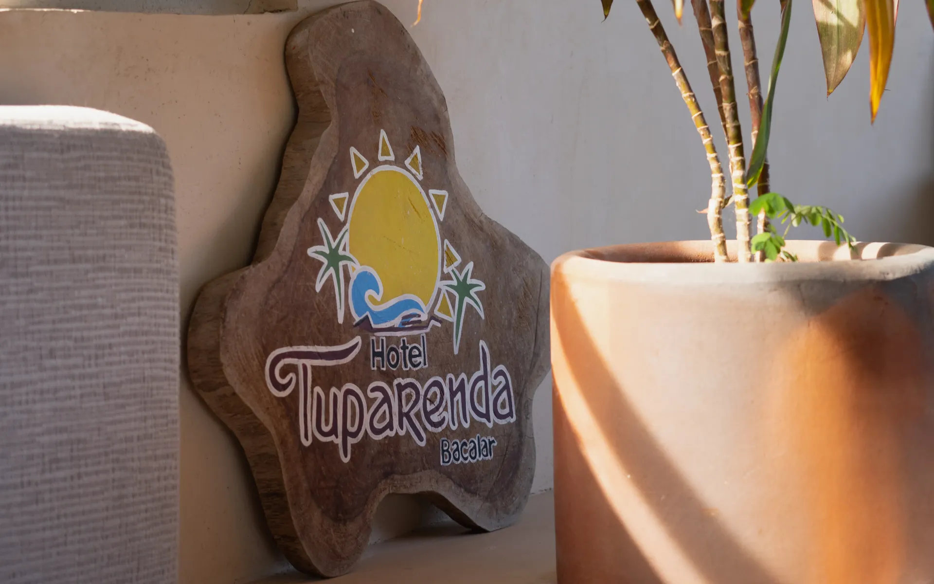 Un cartel de madera con la inscripción “La Taperenda” junto a una jardinera beige con un pequeño árbol.