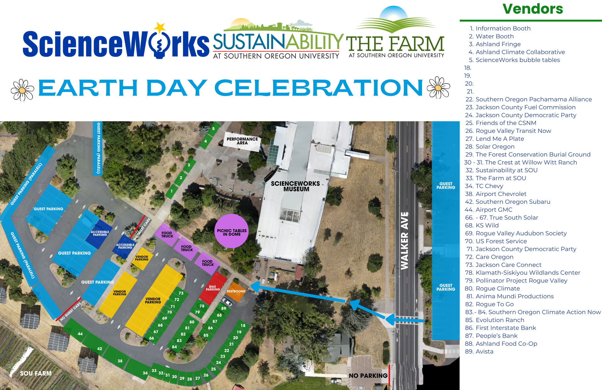Map for a ScienceWorks Earth Day event showing vendor stall locations, parking, and site layout on a grassy field.