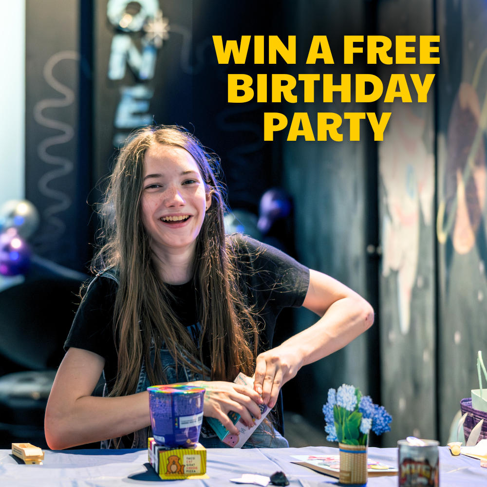 Teen smiling at a table with party items under the text “WIN A FREE BIRTHDAY PARTY”