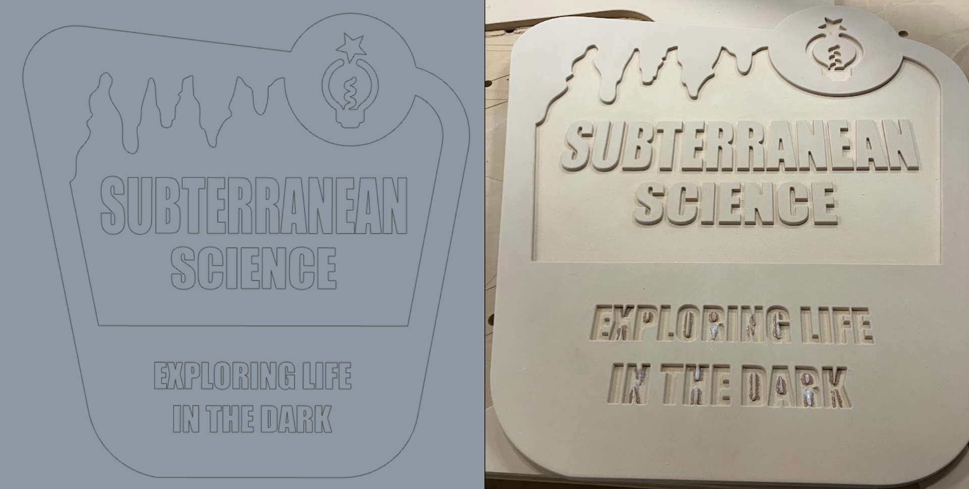 Left: Addison Carroll’s digital rendering of the exhibit title sign design. Right: The CNC-machined sign, before sanding and painting.
