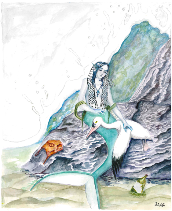 Blue-haired mermaid reclining on rocks by green water, with fish and a small bird nearby