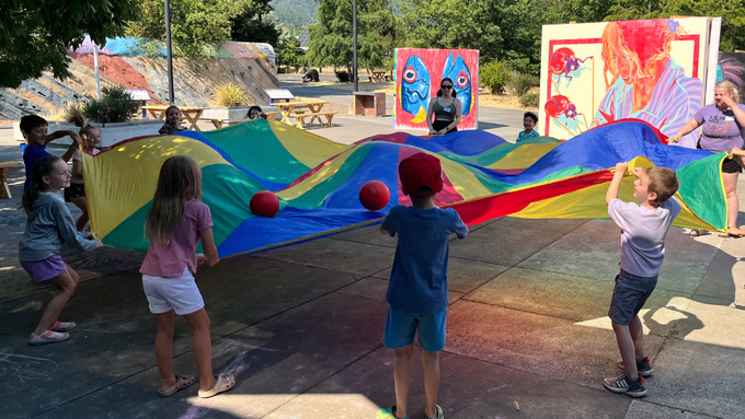 Summer Camp kids playing outside at ScienceWorks