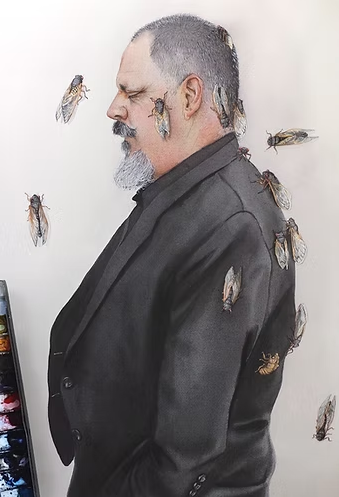 Man in black suit covered in cicadas. On white background.